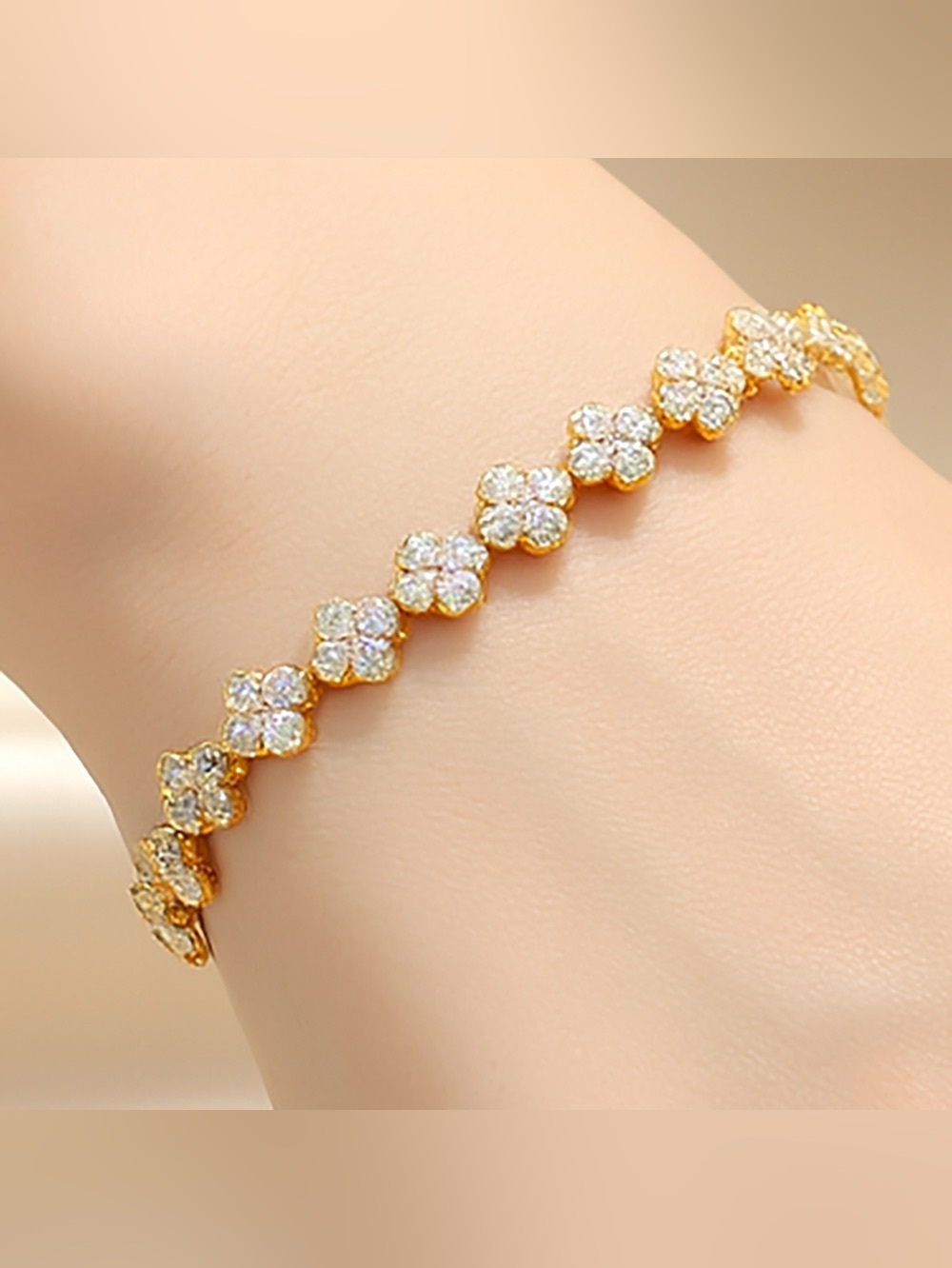 18K Gold Dipped Stone Paved Floral Link Bracelet